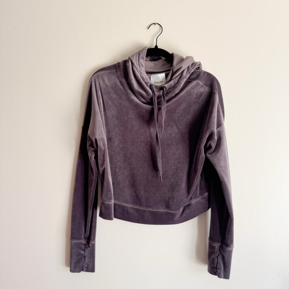 Offline by Aerie Grey Brown After Party Cowl Neck Velour Velvety Hoodie - Small